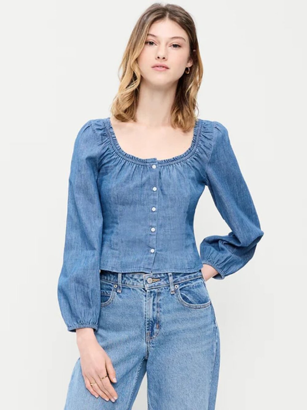 XXL TALL Long-Sleeve Button-Down Jean Top in peasant style